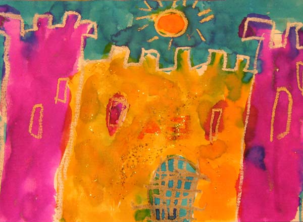 château fort à l'encre et pastels fait par un enfant de maternelle