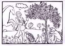 personnage du Moyen-Âge avecc faucon et cheval