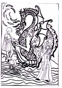 personnages du Moyen-Âge et un dragon