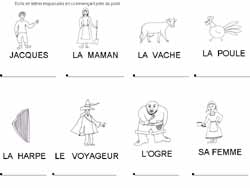 fiche d'écriture pour écrire des mots des personnages de l'histoire de Jacques et le haricot magique