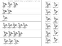 fiche de mathématiques pour coller des coqs manquants pour arriver à la quantité demandée