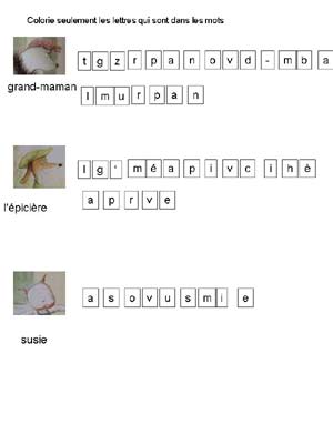 fiche pour colorier des lettres présents dans les mots