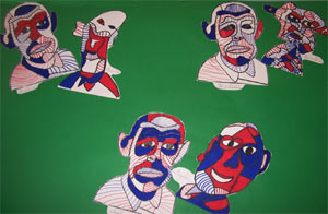 portrait à la manière de Dubuffet avec des graphismes rouges et bleus faits par des enfants de maternelle