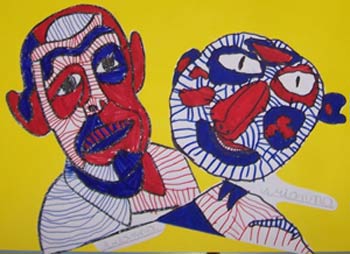 portrait à la manière de Dubuffet avec des graphismes rouges et bleus