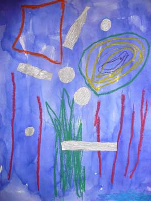 tableau violet inspiré d'Hundertwasser fait par un enfant de maternelle avec des encres des pastels et des collages