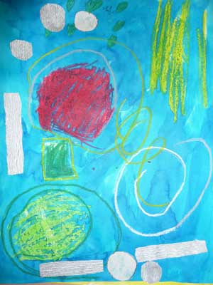 tableau inspiré d'Hundertwasser fait par un enfant de maternelle avec des encres des pastels et des collages