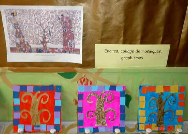 arbres d'après Klimt avec des graphismes faits par les enfants de maternelle
