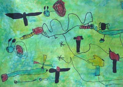 sur un fond vert dessins et graphismes aux feutres inspirés de Miro faits par des enfants de l'école maternelle