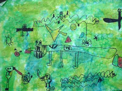 sur un fond vert dessins et graphismes aux feutres inspirés de Miro faits par des enfants de l'école maternelle