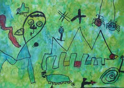 sur un fond vert dessins et graphismes aux feutres inspirés de Miro faits par des enfants de l'école maternelle