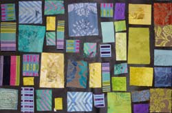 tableau composé de rectangles de tissus dans les tons de vert collés à la manière d'un tableau de Mondrian