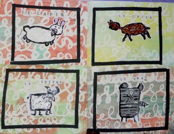 animaux et graphismes avec un chat, un chien, une chèvre, un lapin