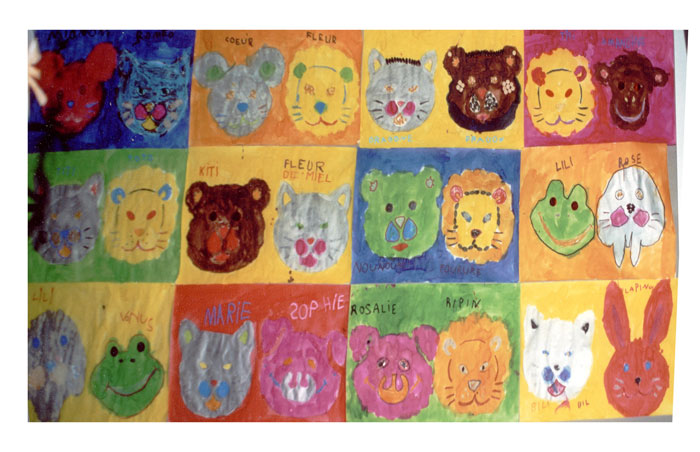 peintures d'animaux, lion, ours, grenouille, chat, cochon, lapin, morse faits avec des gabarits