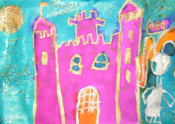 château fort à l'encre et pastels fait par un enfant de maternelle