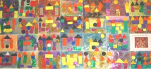 châteaux en collage avec des formes géométriques inspiré de Paul Klee faits par des enfants de maternelle