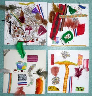 collage de rubans, plumes, graines, ficelles, laines, paillettes