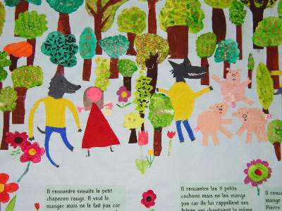 fresque sur le loup sentimental qui rencontre le petit chaperon rouge et les 3 petits cochons