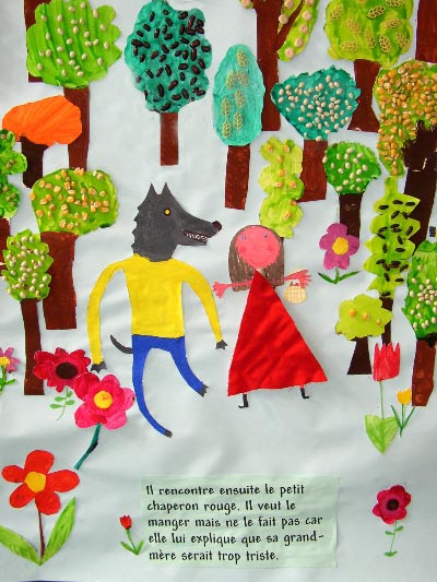 fresque sur le loup sentimental qui rencontre le petit chaperon rouge