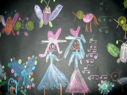 dessin de filles aux crayonx de couleur sur fond noir