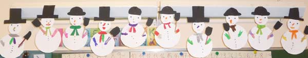 fresque composée de bonshommes de neige en papier les uns à côté des autres