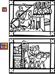 fiche de coloriage avec des chevaliers et des châteaux forts