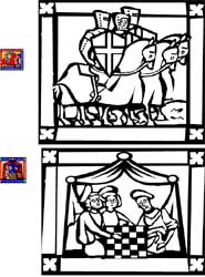 fiche de coloriage avec des chevaliers et des châteaux forts