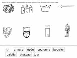 fiche de phonologie ou l'on doit retouver le nom en s'aidant de la première lettre