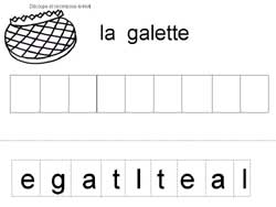 fiche pour remettre les lettres script dans l'ordre pour former le mot galette