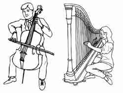 coloriage de violoncelliste et harpiste