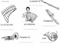 fiche d'écriture avec des instruments de musique