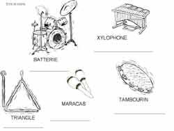 fiche d'écriture avec des instruments de musique