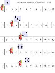 fiche avec bande numérique ou le Père-Noël avance avec un jeu de dés