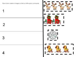 fiche de dénombrement de 1 à 4 sur noël