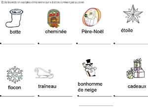 fiche d'écriture en majuscule de mots scrpt sur noël