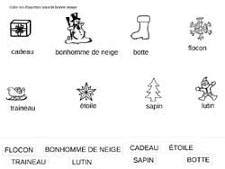 fiche de Noël de lecture pour retrouver la correspondance de mots en script et en majuscule