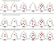 fiche de mathématiques pour dessiner les boules manquantes sur un sapin pour arriver à la quantité demandée jusqu'à 7