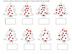 fiche de dénombrement pour dénombrer le nombre de boules sur des sapins de Noël et en indiquer le nombre