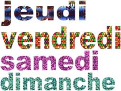 fiche avec jeudi, vendredi, samedi et dimanche en majuscules avec des décorations dans les lettres