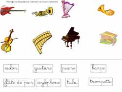 fiche de lecture sur les instruments de musique ou il faut faire correspondre des images et des mots