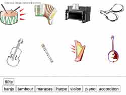 fiche de lecture sur les instruments de musique ou il faut faire correspondre des images et des mots