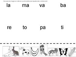 fiche de lecture ou l'on doit coller l'image sous la syllabe par laquelle le mot commence