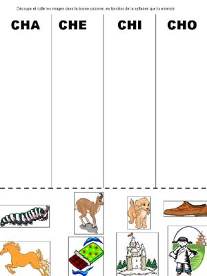 fiche pour classer les mots selon qu'ils commencent par che,cha, chi et cho