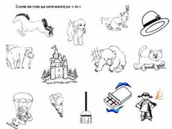 fiche de phonologie ou l'on doit colorier les images représentant un mot commencant par ch