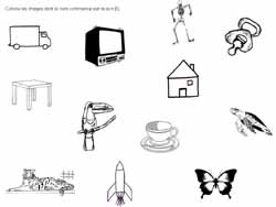 fiche de phonologie ou l'on doit colorier les images représentant un mot commencant par t