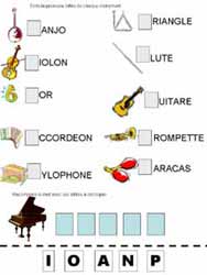 fiche de phonologie ou l'on doit écrire la première lettre d'instruments de musique