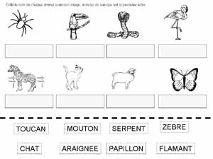 fiche de phonologie ou l'on doit retouver le nom des animaux en s'aidant de la première lettre