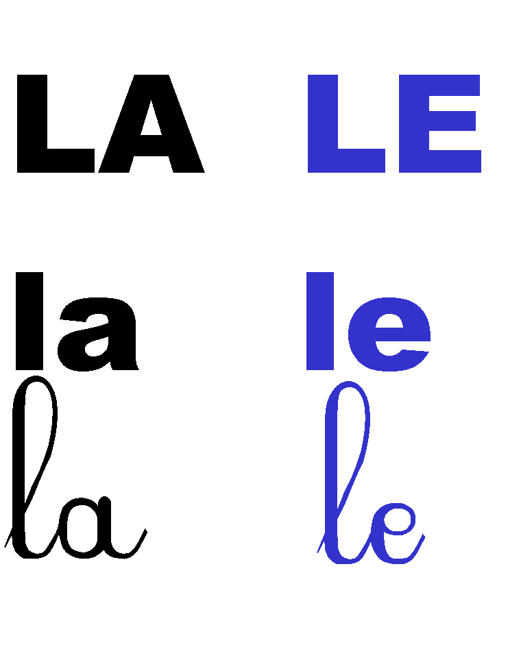 fiches avec les syllabes la et le en majuscules, scripts et cursives