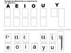 fiche pour faire correspondre les voyelles en capitales, cursive et script