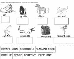 fiche sur les animaux pour faire correspondre des étiquettes en script avec des étiquettes en capitales d'imprimerie