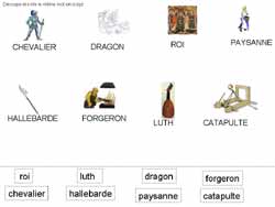 fiche sur le Moyen-Âge pour faire correspondre des étiquettes en script avec des étiquettes en capitales d'imprimerie